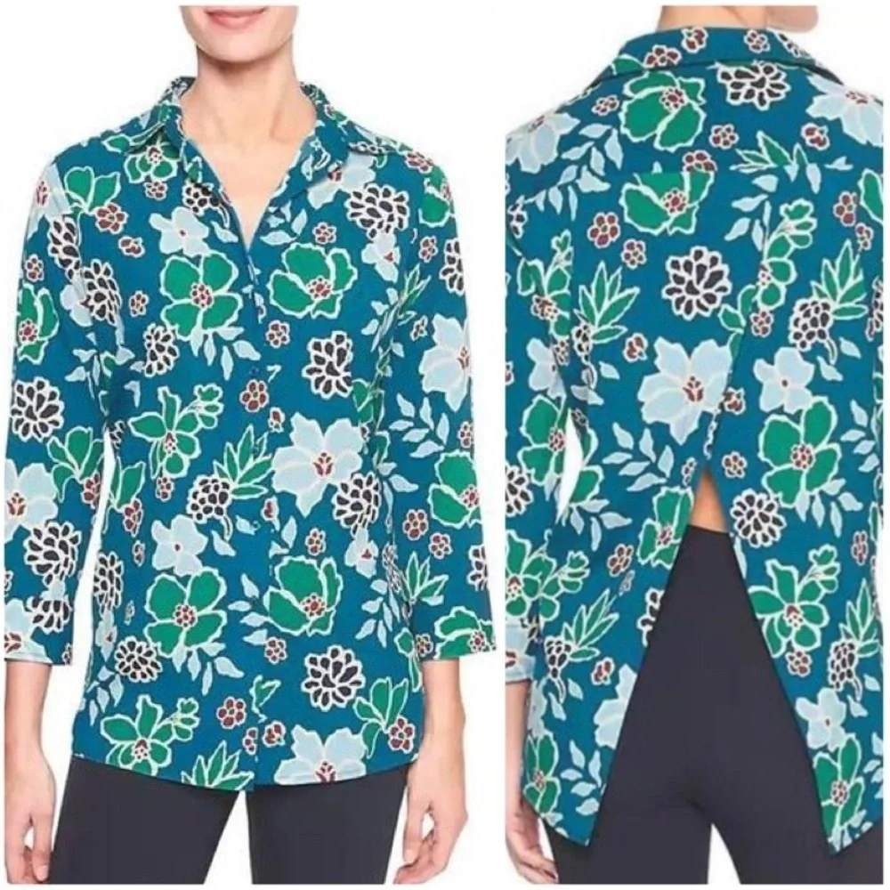 Banana Republic Floral Split Back Button Up Blouse Teal Green XS
